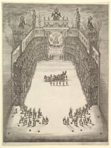 Theater in Modena, von oben gesehen und mit Zuschauern gefüllt, mit einem Triumphwagen in der Mitte