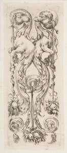Zwei gegenüberliegende Kamelköpfe mit Körpern, die in Ornament enden, ca. 1653