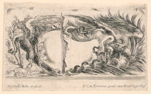 Zwei Hälften von Wappenschilden, Nr. 14 aus "Raccolta di varii cappriccii et nove inventioni di cartelle et ornamenti" von Stefano della Bella