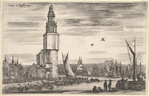 Ansicht von Amsterdam, ein Turm und Häuser links, Männer stehen auf dem Pier, 1647 von Stefano della Bella