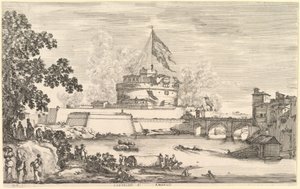 Ansicht des Tiberflusses, ein großer Baum links, zwei Frauengruppen links im Vordergrund, ca. 1656 von Stefano della Bella