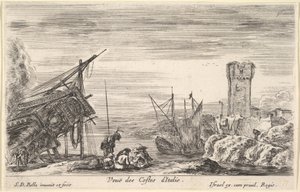 Blick auf die Küste Italiens, der Bug eines Schiffes ruht links von Stefano della Bella