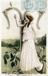 T: Louise Myriel, Schauspielerin und Sängerin aus der Belle Époque - Folies Bergère, Théâtre du Gymnase, de la Gaîté, Paris - Alphabet in Postkarte