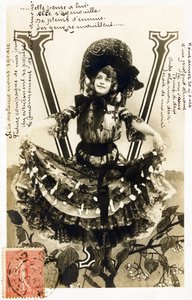 Mariette Sully, belgische Sopranistin aus der Belle Époque - Theater: Bouffes Parisiennes, Menus Plaisirs, Gaîté, Paris - Alphabet auf Postkarte