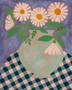 Gänseblümchen in lila Vase