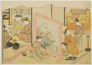 Eine Tasse Sake vor dem Schlafengehen (Toko sakazuki), das sechste Blatt der Serie "Ehe in Brokatdrucken, der Wagen der tugendhaften Frau (Konrei nishiki misao-guruma)"