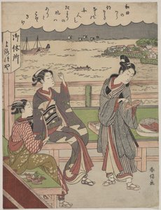 Ein Mann und zwei Frauen in einem Teehaus in Wada no Ura mit Blick auf das Meer von Suzuki Harunobu