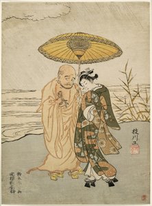 Daruma und eine junge Frau im Regen von Suzuki Harunobu