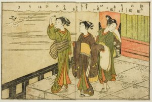 Doppelseitige Illustration aus Bd. 2 von "Bilderbuch der Frühlingsbrokate (Ehon haru no nishiki)"