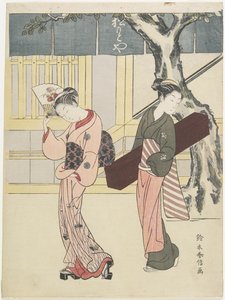 Unterhalterin und ihr Begleiter vor Matsumoto-ya, ca. 1768 von Suzuki Harunobu