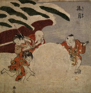 Vier Jungen machen eine Schneeball, ca. 1768 (Farbholzschnitt) von Suzuki Harunobu