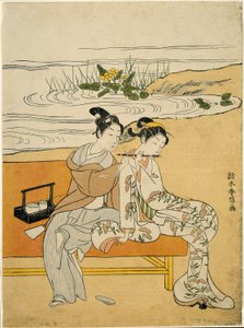 Liebende, die die gleiche Flöte spielen (Parodie auf Xuanzong und Yang Guifei), ca. 1767
