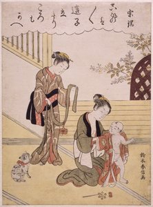 Eine Mutter, die ihren jungen Sohn in einen Kimono kleidet von Suzuki Harunobu