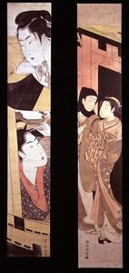 Die Verabredung: Zwei Liebende an einem Tor, ca. 1768 (Farbholzschnitt) von Suzuki Harunobu