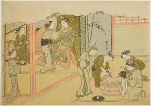 Die erste Geburt (Uizan), das siebte Blatt der Serie "Ehe in Brokatdrucken, der Wagen der tugendhaften Frau (Konrei nishiki misao-guruma)"