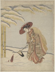 Frau beim Ausgraben von Bambussprossen im Schnee oder Parodie auf Meng Zong (Mōsō), aus „Vierundzwanzig Vorbilder kindlicher Pietät“ von Suzuki Harunobu