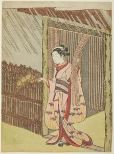 Frau hält einen Zweig von Kerria-Blumen im Regen (Parodie auf Ota Dokan) von Suzuki Harunobu