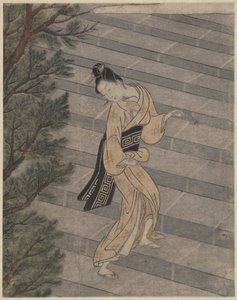 Junge Frau steigt Steintreppen zu einem Shinto-Tempel hinauf von Suzuki Harunobu
