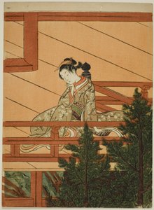 Junge Frau, die auf dem Balkon des Kiyomizu-Tempels sitzt