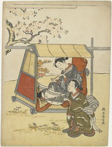 Junge Frau betrachtet Kirschblüten als Mitate von Lady Nakanokimi, ca. 1767