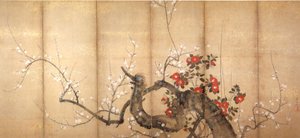 Blühender Pflaumenbaum und Kamelie von Suzuki Kiitsu