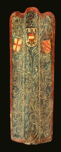 Ein seltener Schweizer Pavese aus Holz, bedeckt mit Gesso bemalter Leinwand mit grünem Rankenmuster und den Wappenschildern von Habsburg, der Liga von St. Georg und der Stadt Winterthur, ca. 1445 von Swiss School