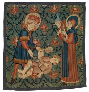 Wandteppichfragment, das St. Cosmas und St. Damian darstellt