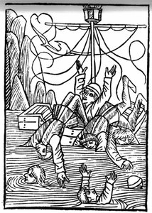 Die Legende von Sankt Brendan (Brandan), Held und irischer Heiliger des 6. Jahrhunderts. Schiffe sinken im Cleves-Meer. Gravur aus „Die Wunderbare Meerfahrt des Hl. Brandan“. Basel von Swiss School