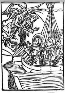 Die Legende von Sankt Brendan (Brandan), Held und irischer Heiliger des 6. Jahrhunderts. Das Gebet des Heiligen Brandan rettet den sündigen Mönch. Gravur aus „Die Wunderbare Meerfahrt des Hl. Brandan“. Basel von Swiss School