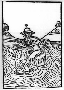 Die Legende von Sankt Brendan (Brandan), Held und irischer Heiliger des 6. Jahrhunderts: Die Begegnung mit Judas, der viele Qualen erleidet. Gravur aus „Die Wunderbare Meerfahrt des Hl. Brandan“. Basel