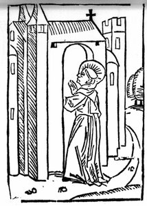 Die Legende von Sankt Brendan (Brandan), Held und irischer Heiliger des 6. Jahrhunderts. Die Rückkehr des Heiligen in sein Kloster. Gravur aus „Die Wunderbare Meerfahrt des Hl. Brandan“. Basel von Swiss School