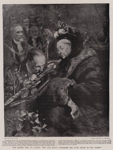 Der Besuch der Königin in London, der Lord Mayor überreicht das Staatsschwert Ihrer Majestät von Sydney Prior Hall