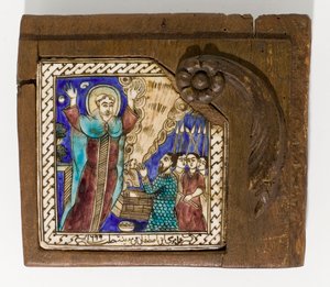 Signierte und datierte syrische Keramikfliese, bemalt in Mangan, Blau und Braun, datiert 1699 von Syrian School