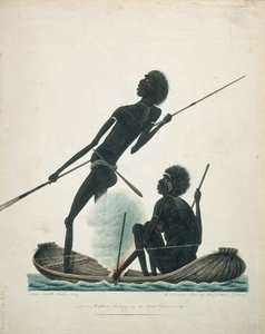 Einheimische beim Fischen in einem Rindenkanu, 1819