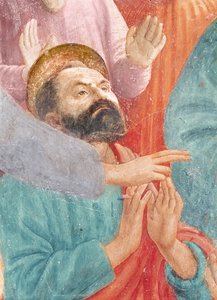 Der Kopf des St. Paulus, aus der Auferweckung des Sohnes des Theophilus und St. Petrus als erster Bischof von Antiochia, ca. 1427 und ca. 1484-85 (Detail) von Tommaso Masaccio