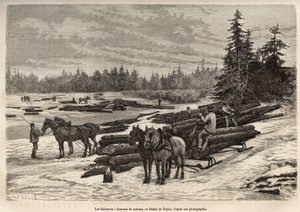 Das Herablassen der Flöße in Ontario, die Holzfäller entladen die gefällten Stämme und installieren sie auf dem gefrorenen Fluss, dann werden die Stämme während des Tauwetters vom Strom an den Ort getragen, wo sie entladen und verarbeitet werden, Gravur na von T Taylor