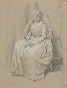 Sitzende Frau mit Schleier über dem Kopf