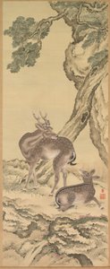 Symbole der Langlebigkeit: Hirsch unter Pfirsich und Kiefer (links), Paar hängende Schriftrollen
