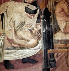 Pflege der Kranken in einem Krankenhaus, eine Krankenschwester hilft einem Verletzten auf einer Trage (Detail). Fresko von Taddeo di Bartolo (1363-1422) 14. Jahrhundert Siena, Spedale di Santa Maria della Scala von Taddeo di Bartolo