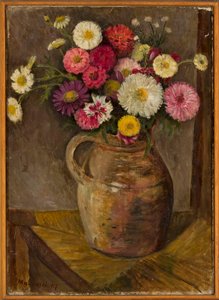 Astern und Zinnien in einem Tonkrug von Tadeusz Makowski
