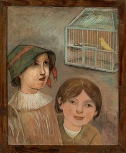 Zwei Mädchen am Käfig mit einem Kanarienvogel von Tadeusz Makowski