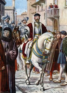 Porträt von Cosimo I. von Toskana, durch die Straßen von Florenz gehend, umgeben von Mitgliedern seiner Miliz