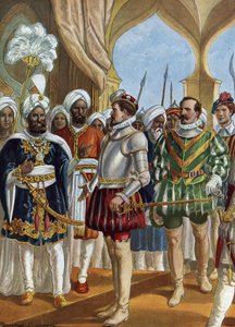 Portugiesischer Navigator Pedro Alvares Cabral (1460-1526) am Hof des Königs (Zamorin) von Calicut (Kozhikode) am 13.09.1500, um die Einrichtung eines Handelsstützpunkts zu verhandeln, Indien