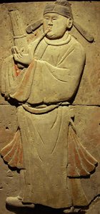 Terrakotta-Stele mit Musiker, Tang-Dynastie (618-907), entdeckt in der Provinz Shaanxi, Stelenwald-Museum in Xian. Fotografie, Leonard de Selva, China, 2006 von Tang Dynasty Chinese School