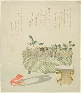 Die sieben Kräuter (Nanakusa), mit Schere und Teetasse