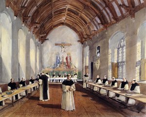 Rekonstruktionszeichnung des Refektoriums des Zisterzienserklosters Cleeve Abbey, 1991