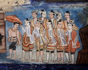 Eine Gruppe von Thai Yai (Shan) Männern, Detail der Wandmalereien von Viharn Laikam, die die Sang Thong Geschichten darstellen