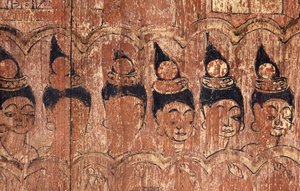 Eine Reihe von gehenden Jungfrauen, gemalt an den Dachtraufen von Viharn Nam Tam von Thai School