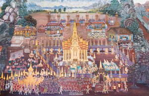 Wandgemälde mit Szenen aus dem Ramayana im Wat Phra Kaeo, dem Königlichen Großen Palast, Bangkok, Thailand