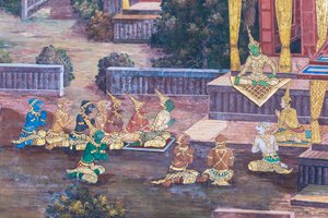Wandgemälde mit Szenen aus dem Ramayana im Wat Phra Kaeo, dem Königlichen Großen Palast, Bangkok, Thailand